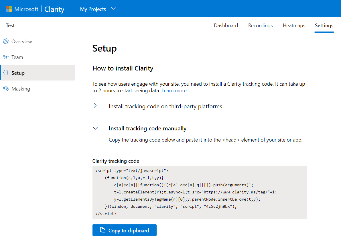 Установка коду в сервісі Microsoft Clarity