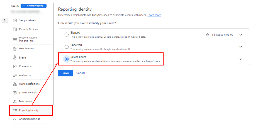 Google рекомендує внести зміни до Спосіб ідентифікації замість Змішаного способу вибрати На основі пристрою