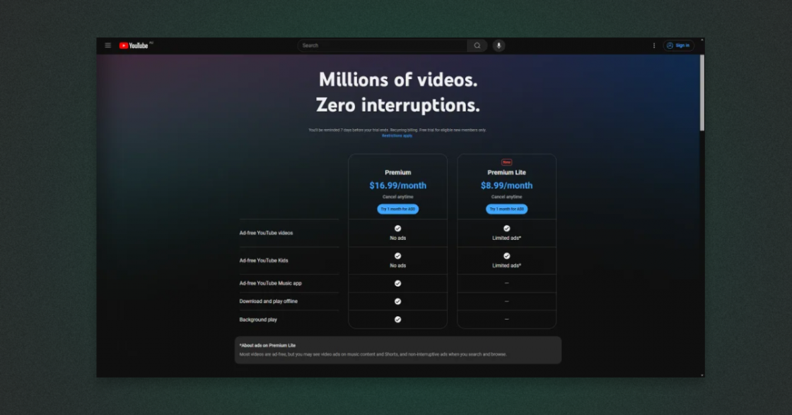 YouTube тестує дешевшу версію підписки Premium Lite з обмеженою рекламою